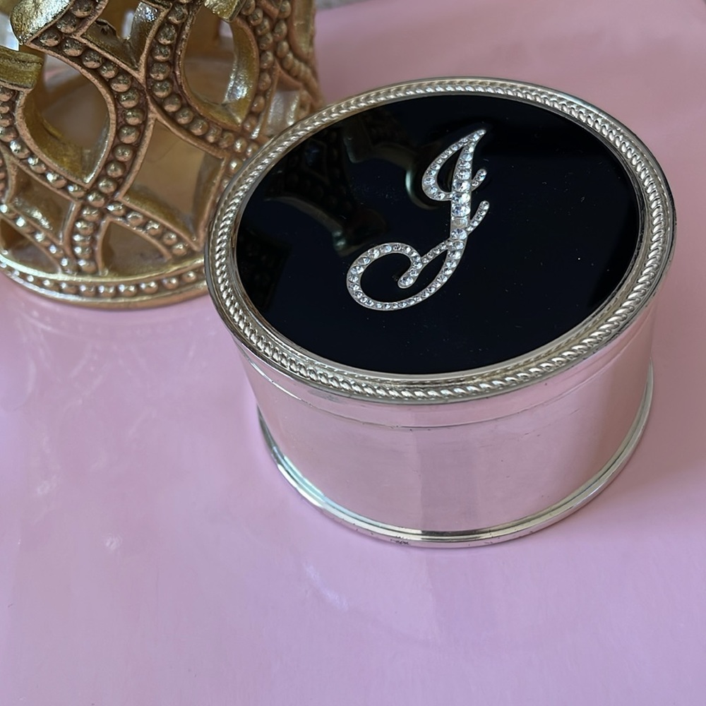 Stunning Round Jewelry Trinket Box - Silver and Black with Rhinestone Cursive J